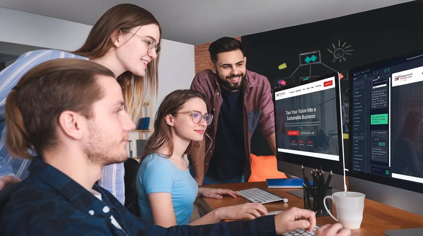 Four colleagues collaborating at a workstation with two computer monitors