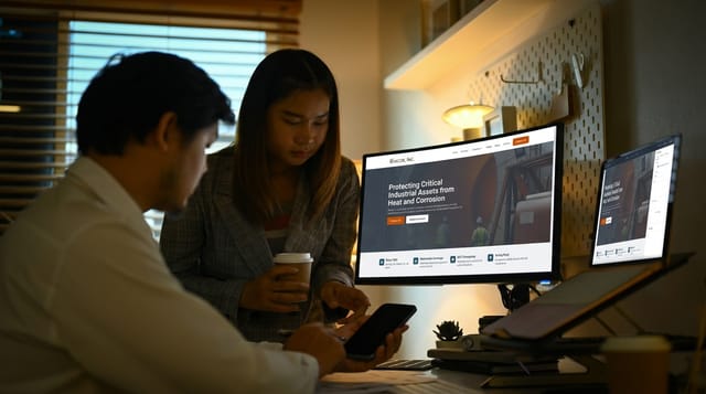 Two people working together at a desk with computer screens displaying a website