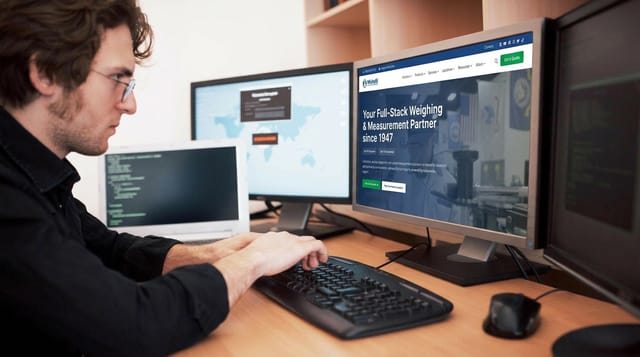 A person at a desk typing on a keyboard with three monitors displaying different content