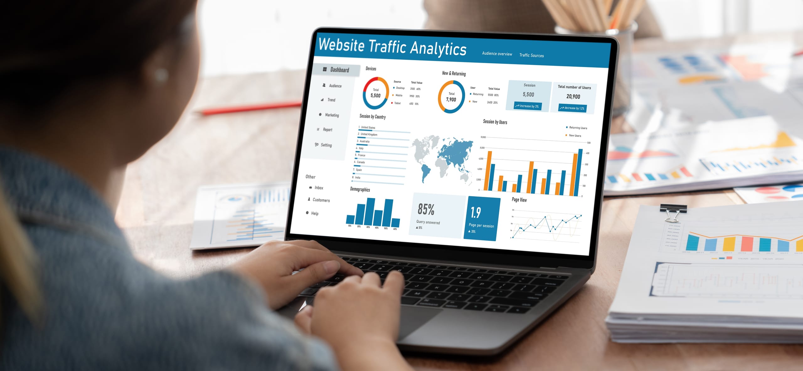 Person analyzing website traffic data on a laptop displaying graphs and charts.