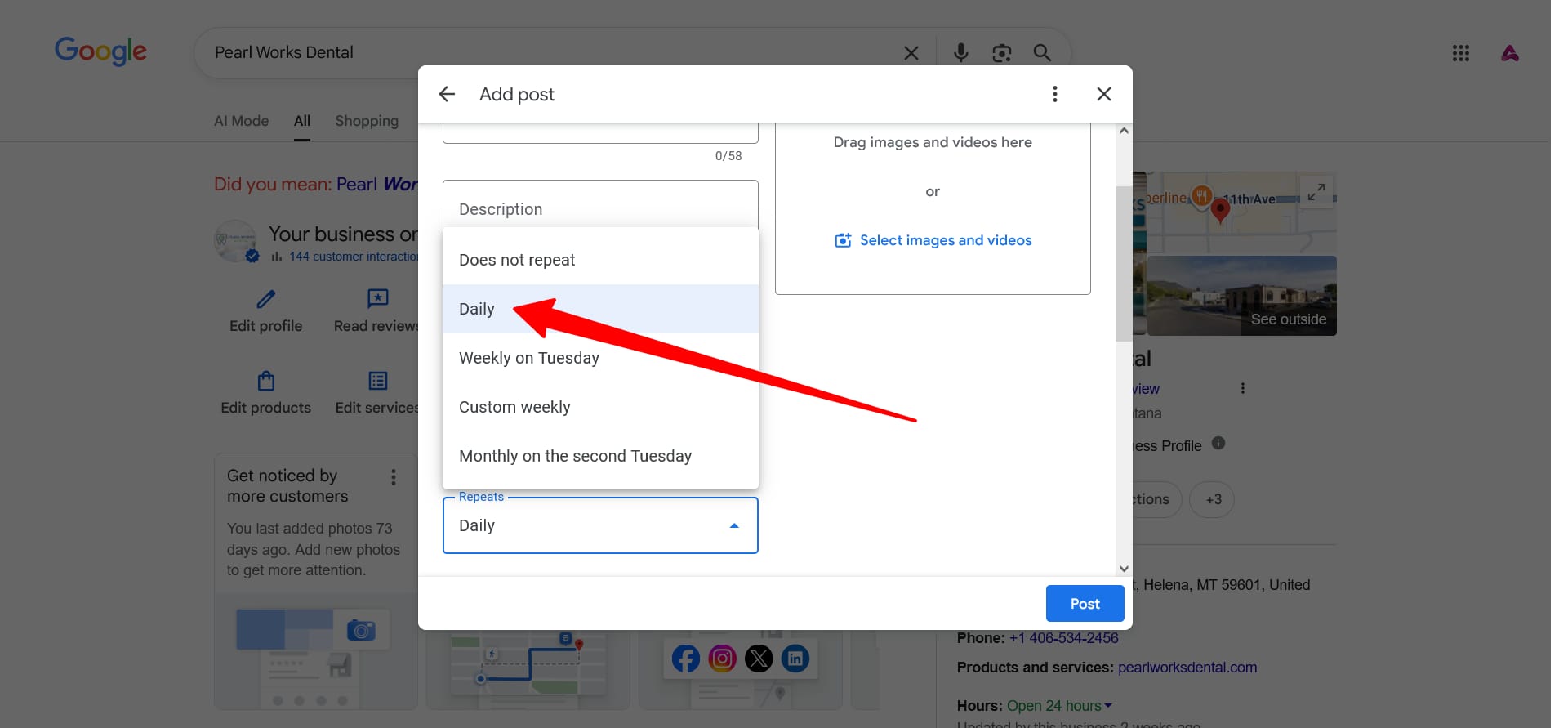 Google Business Profile interface showing post scheduling and repeat frequency options