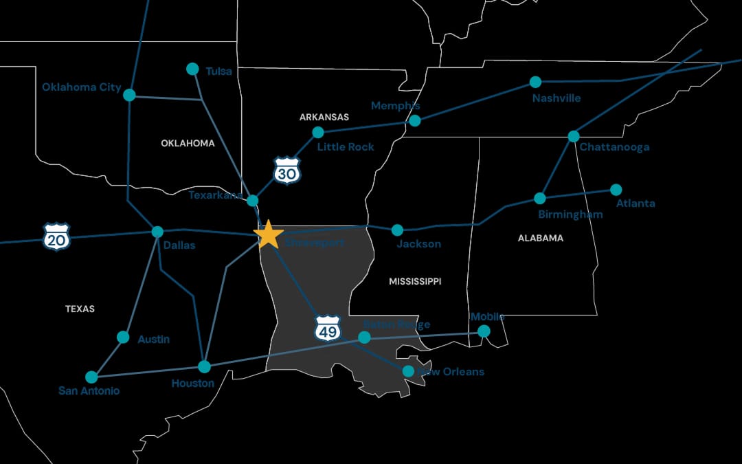 Strategic Location Map showing drive times from Shreveport