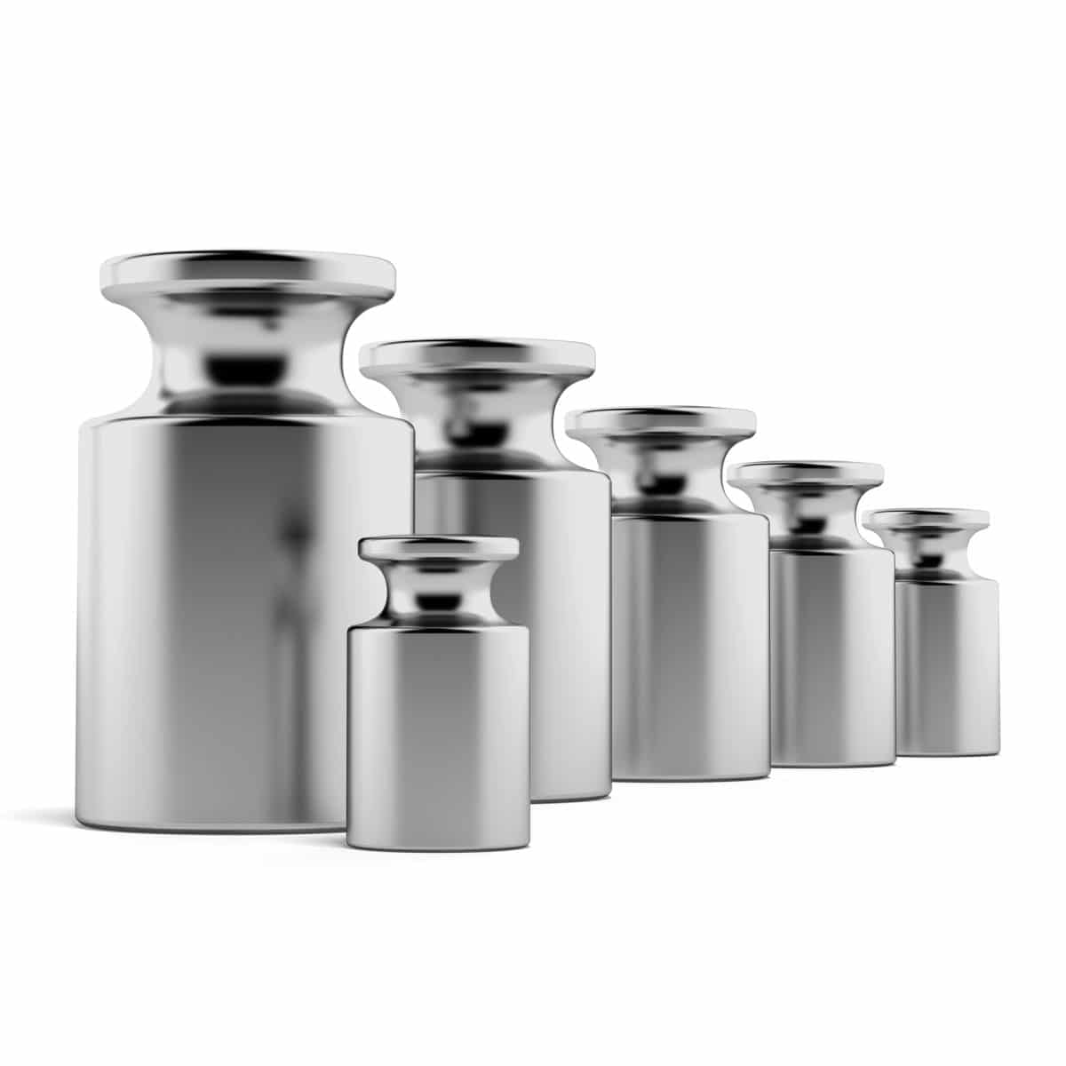 Set of NIST Class F certified test weights arranged on a surface for mass calibration service