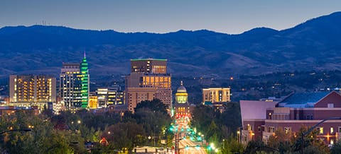 Boise, Idaho skyline with the Boise Foothills and clear blue sky in the background