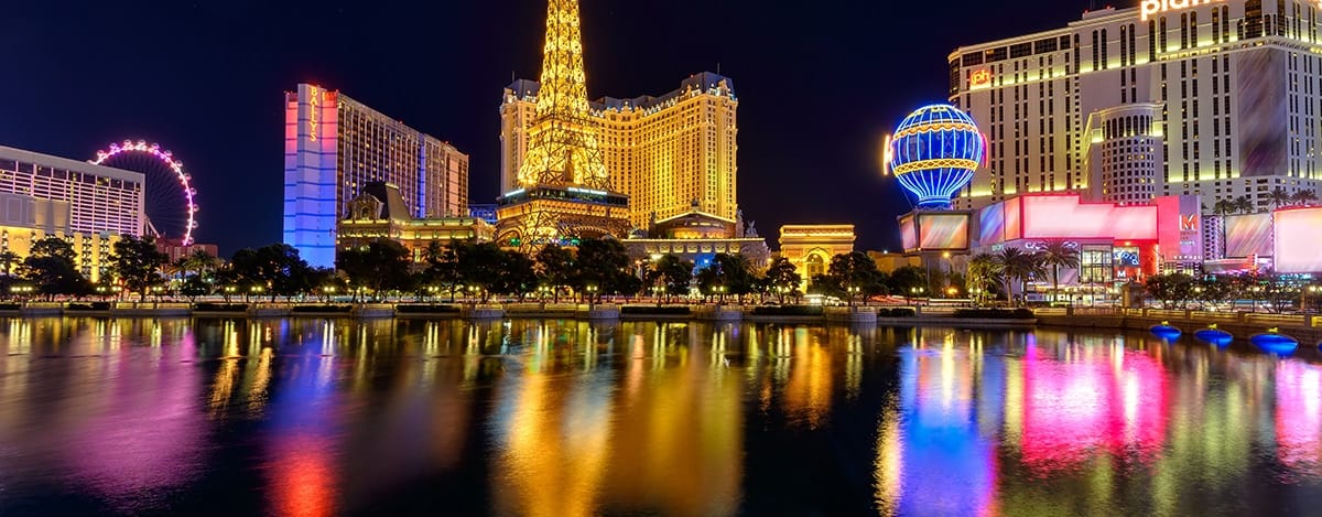 Las Vegas, Nevada skyline at night with brightly lit hotels and casinos along the Strip
