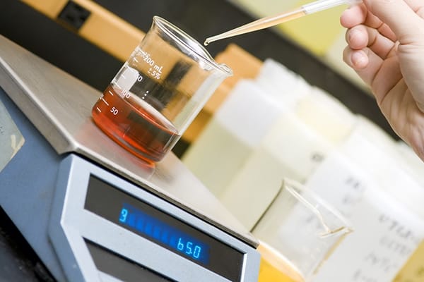 Laboratory analyst using a precision analytical balance for controlled measurement and calibration documentation