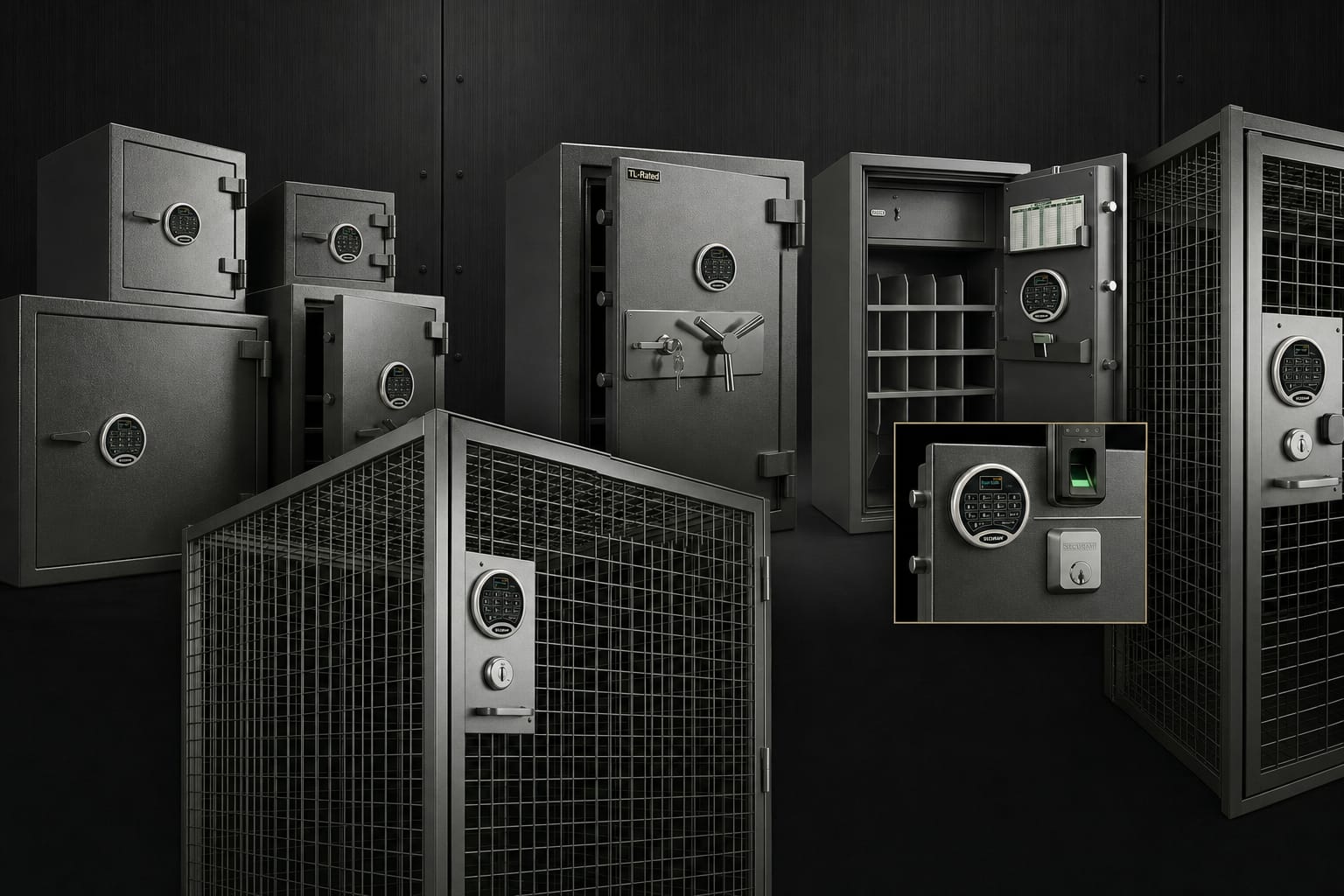Multiple safes and wire cages against a dark background, all equipped with Securam electronic keypads and lock systems.