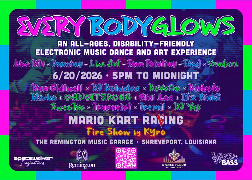 Flyer for Every Body Glows event on June 20, 2026, featuring DJs and live entertainment.