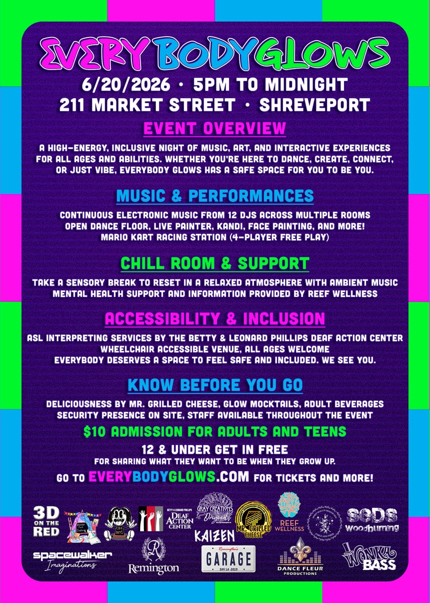 Colorful poster for the Everybody Glows event on 6/20/2026, 5PM to midnight in Shreveport.