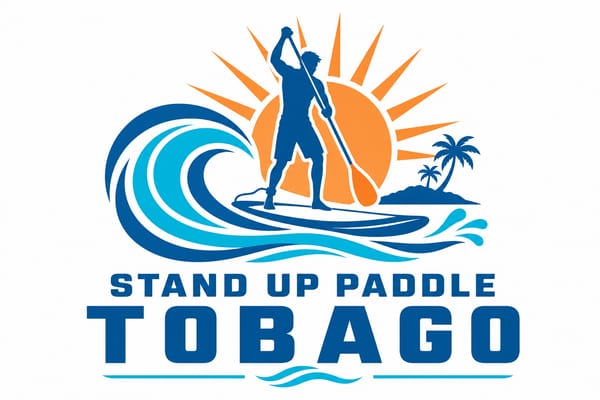 Stand Up Paddle Tobago custom logo — paddler silhouette on a wave with tropical sun