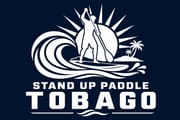 Stand Up Paddle Tobago white logo on dark navy background for footer