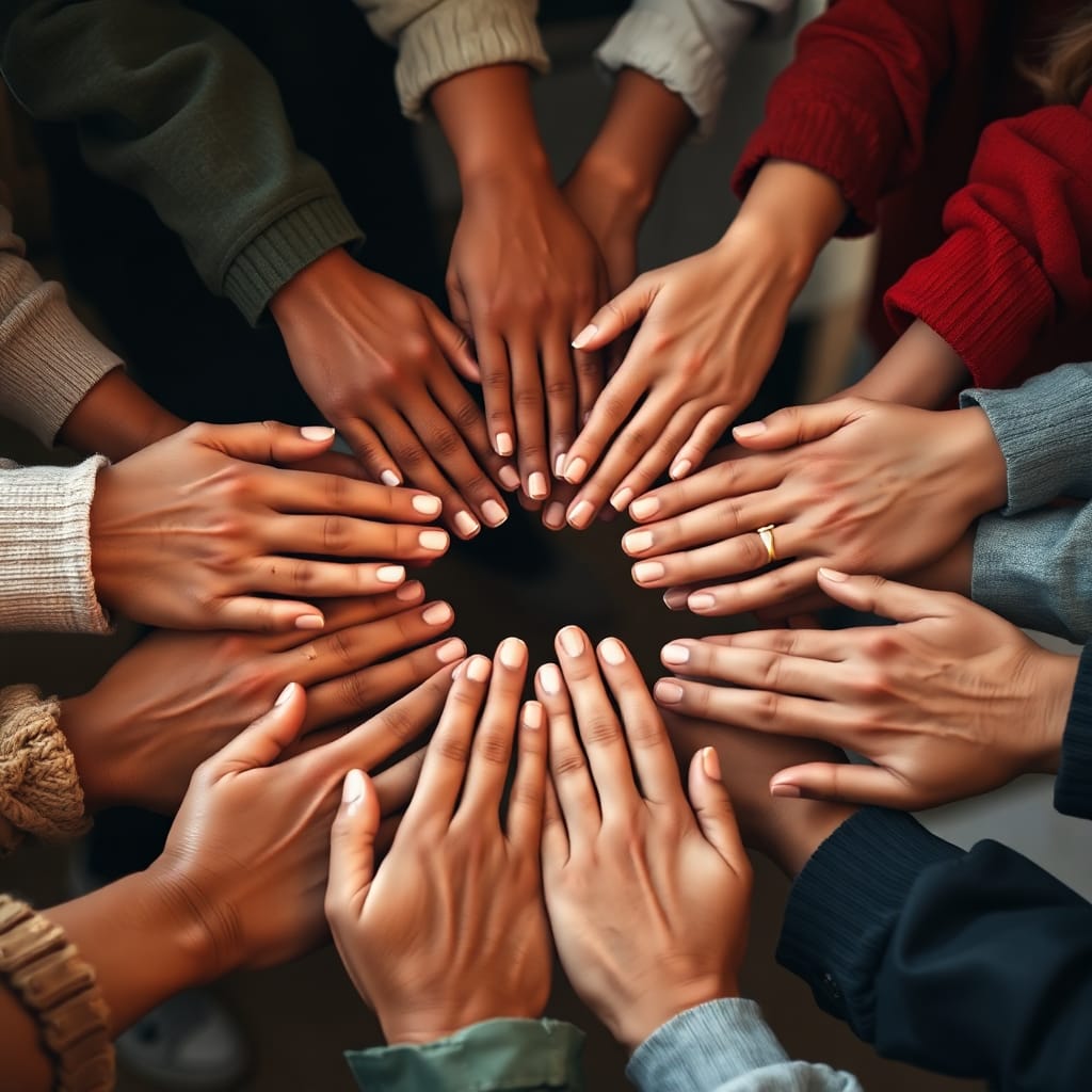 Community hands joined together in support
