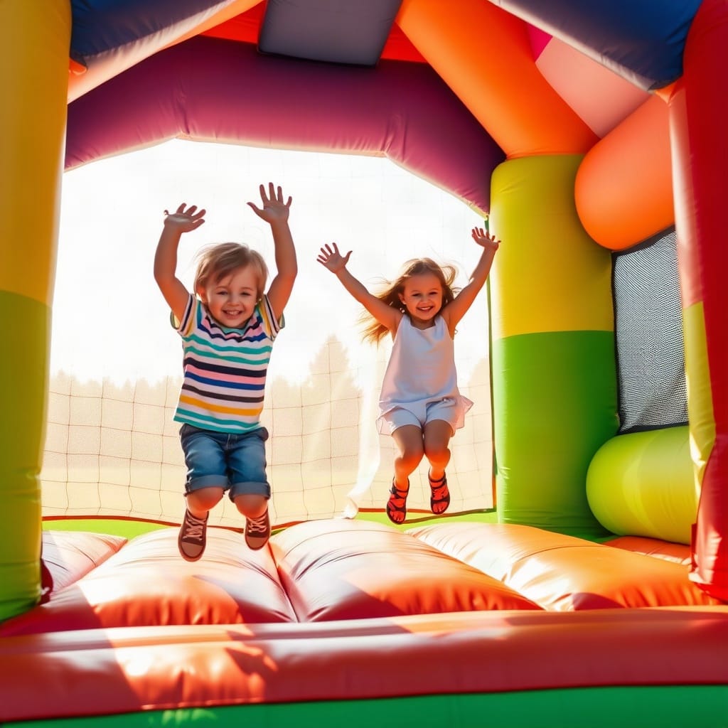 Kids jumping in a colorful castle bounce house outdoors