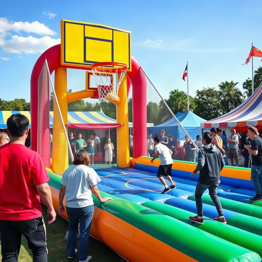 Rows of colorful carnival games lined up at an outdoor community festival