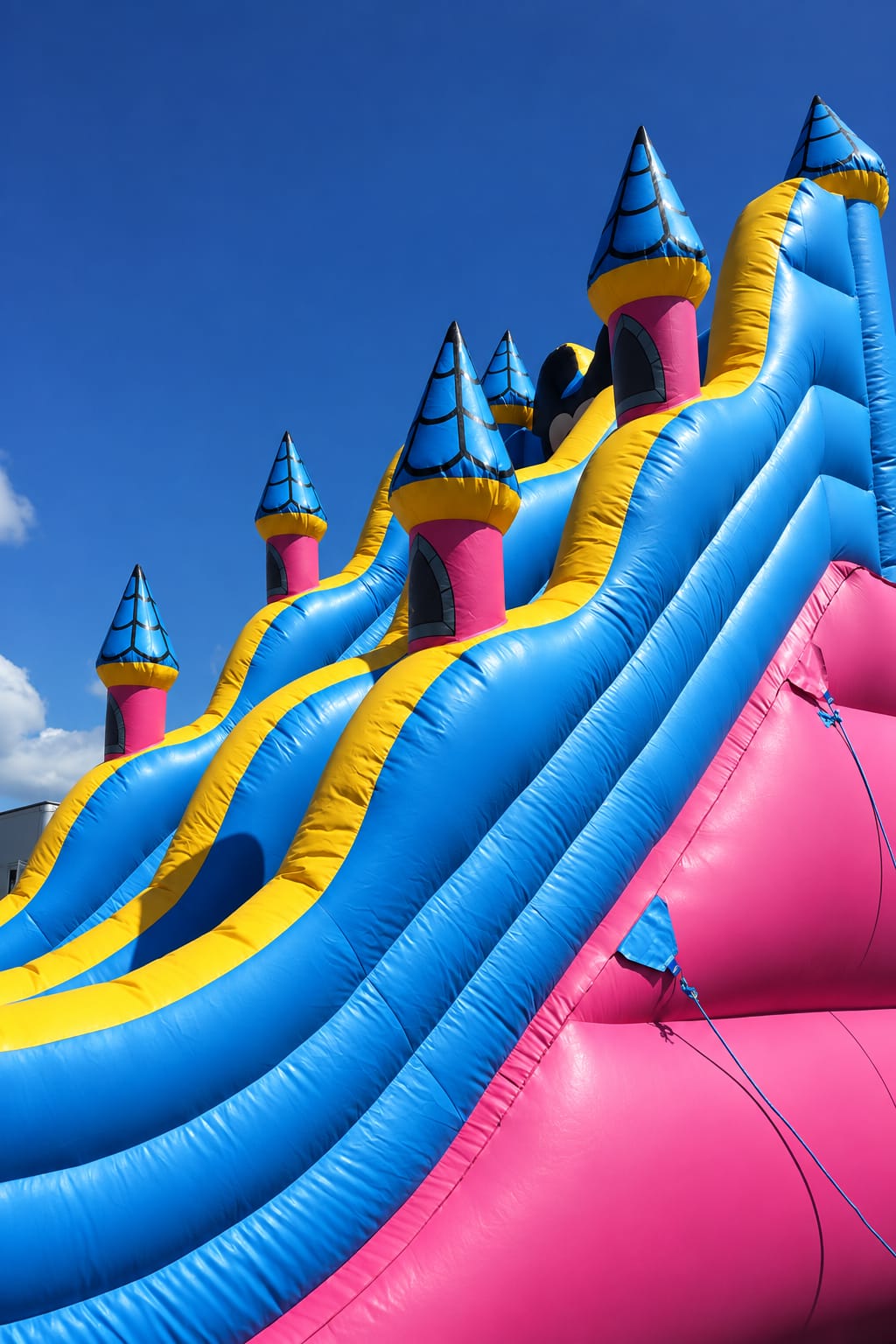 Large inflatable slide with blue and yellow stripes and blue turrets.