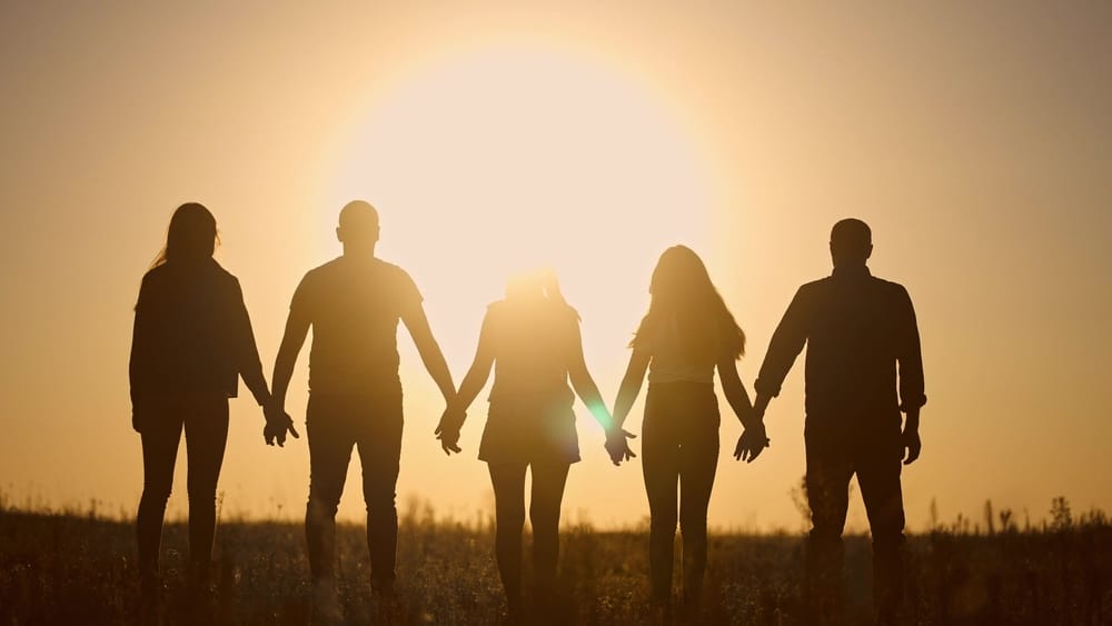 A family holding hands in a field at sunset
