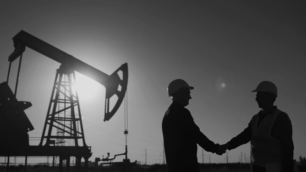 Two people shaking hands in a field at sunset