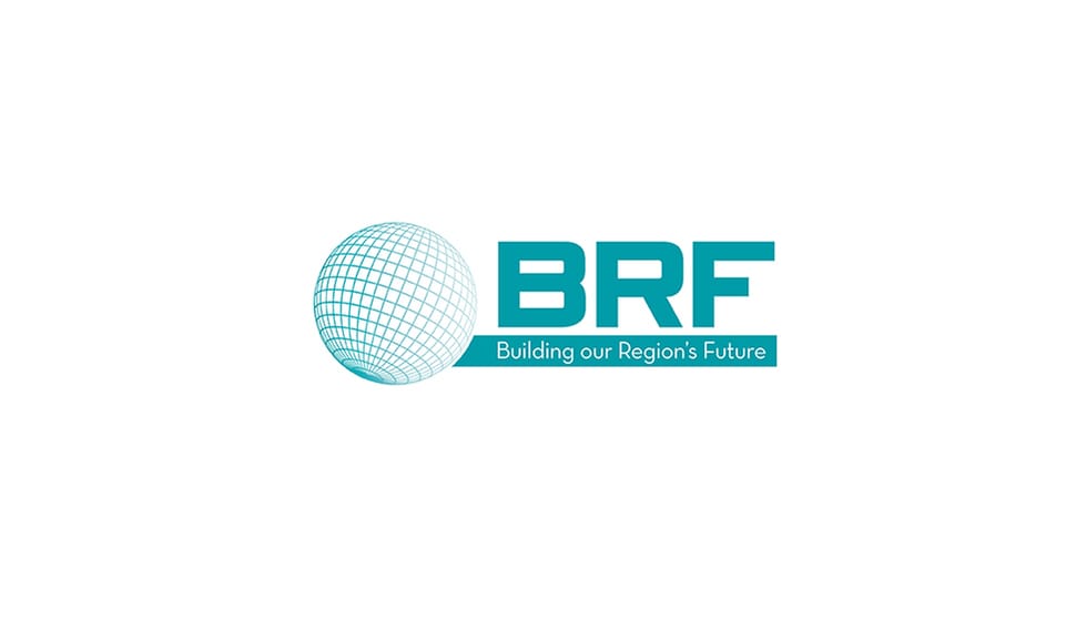 Logo featuring a grid-patterned sphere and the letters BRF with the slogan 'Building our Region’s Future'.
