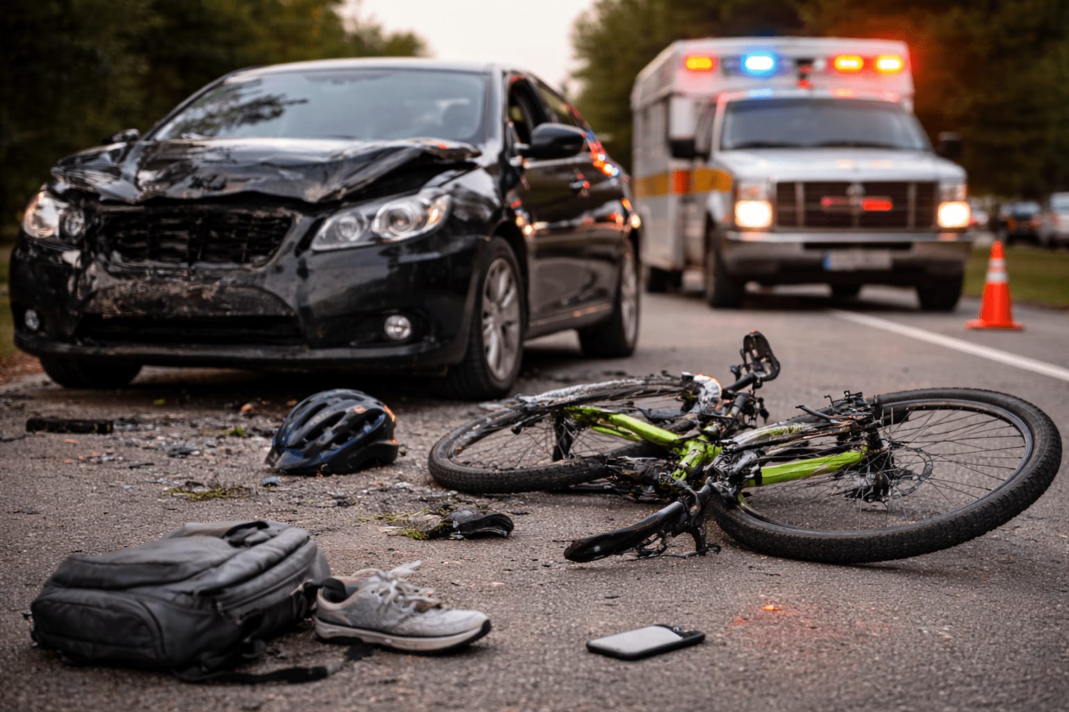 Bicycle and a damaged car at an accident scene