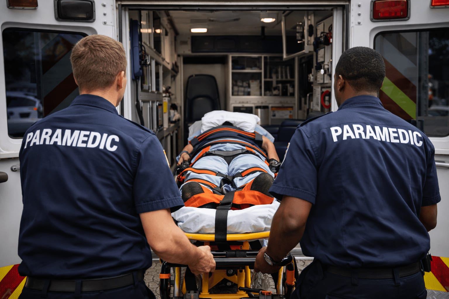 Paramedics transporting a patient on a stretcher