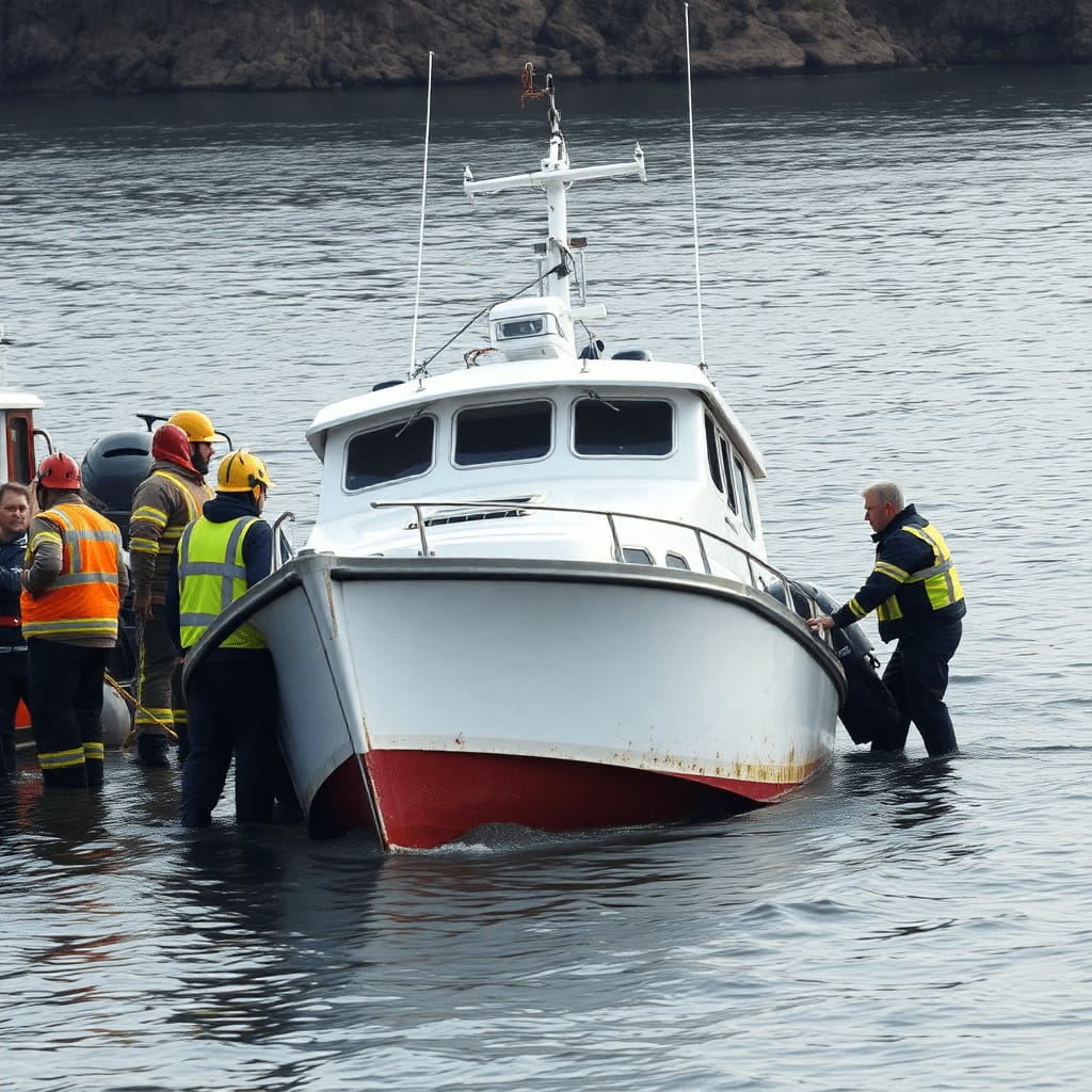 Emergency personnel assist a boat on the water