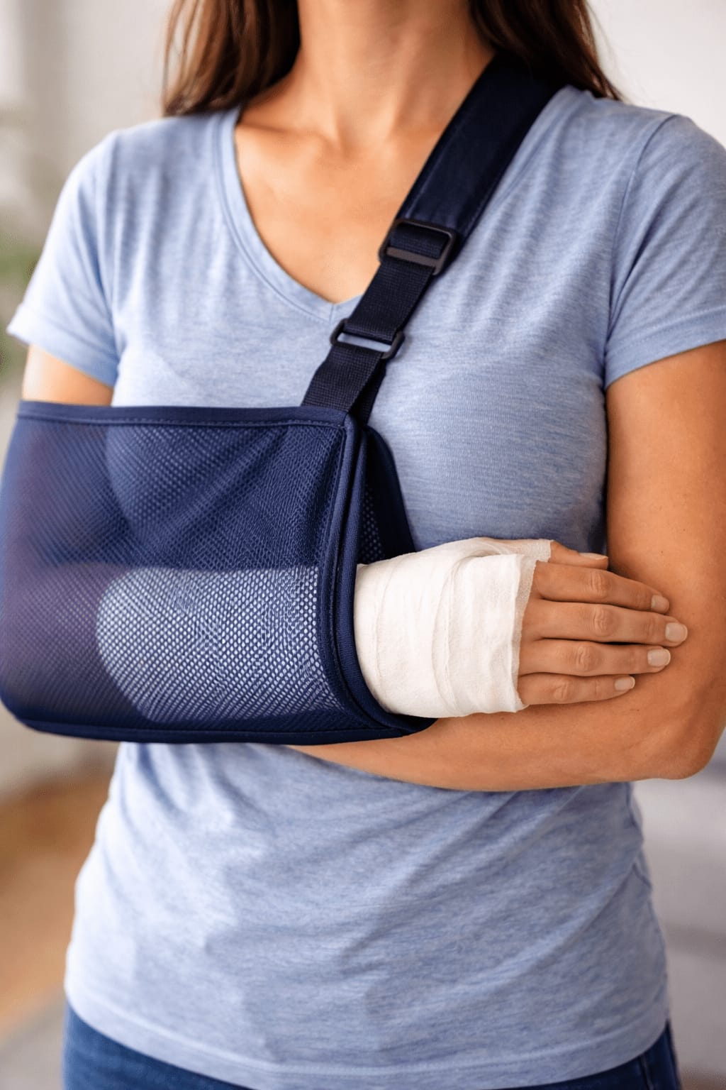 Person wearing an arm sling and a bandage