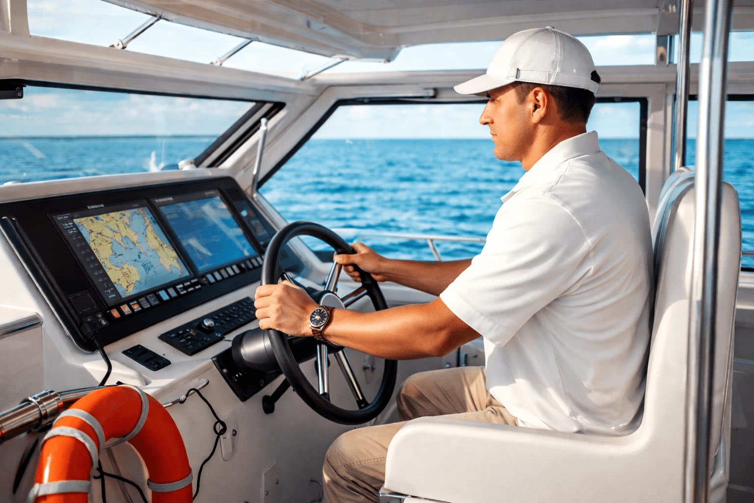 Boat operator at the helm