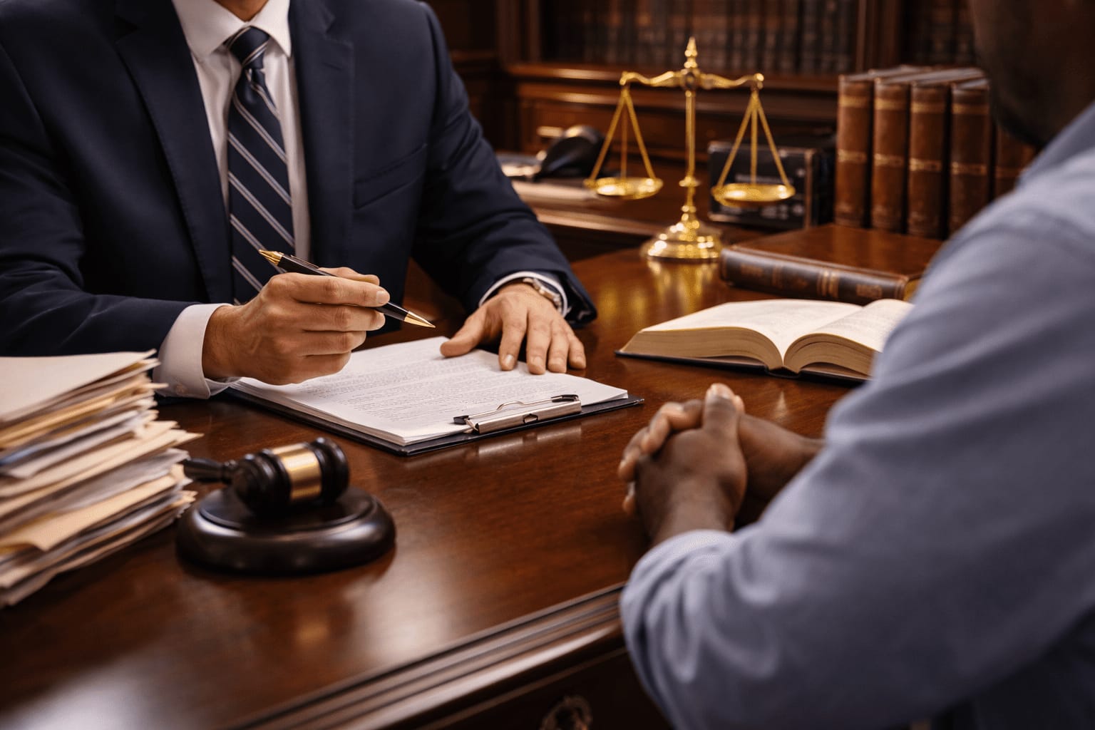 An attorney discusses case documents with a client
