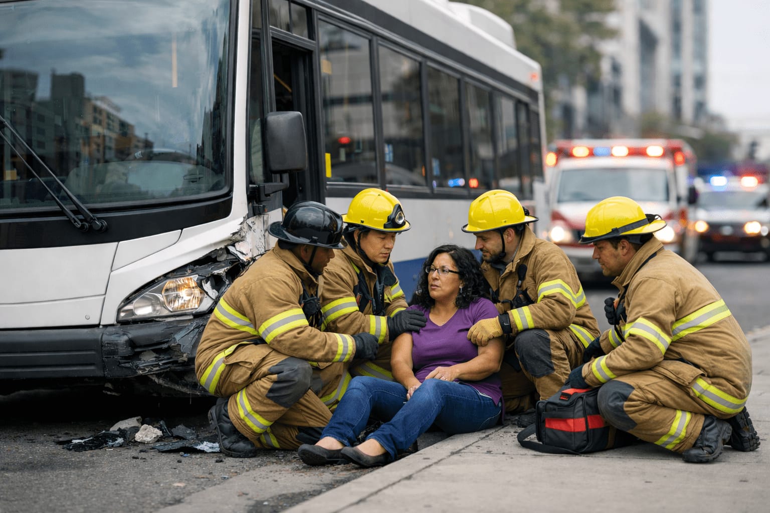Emergency personnel assisting an injured person beside a bus