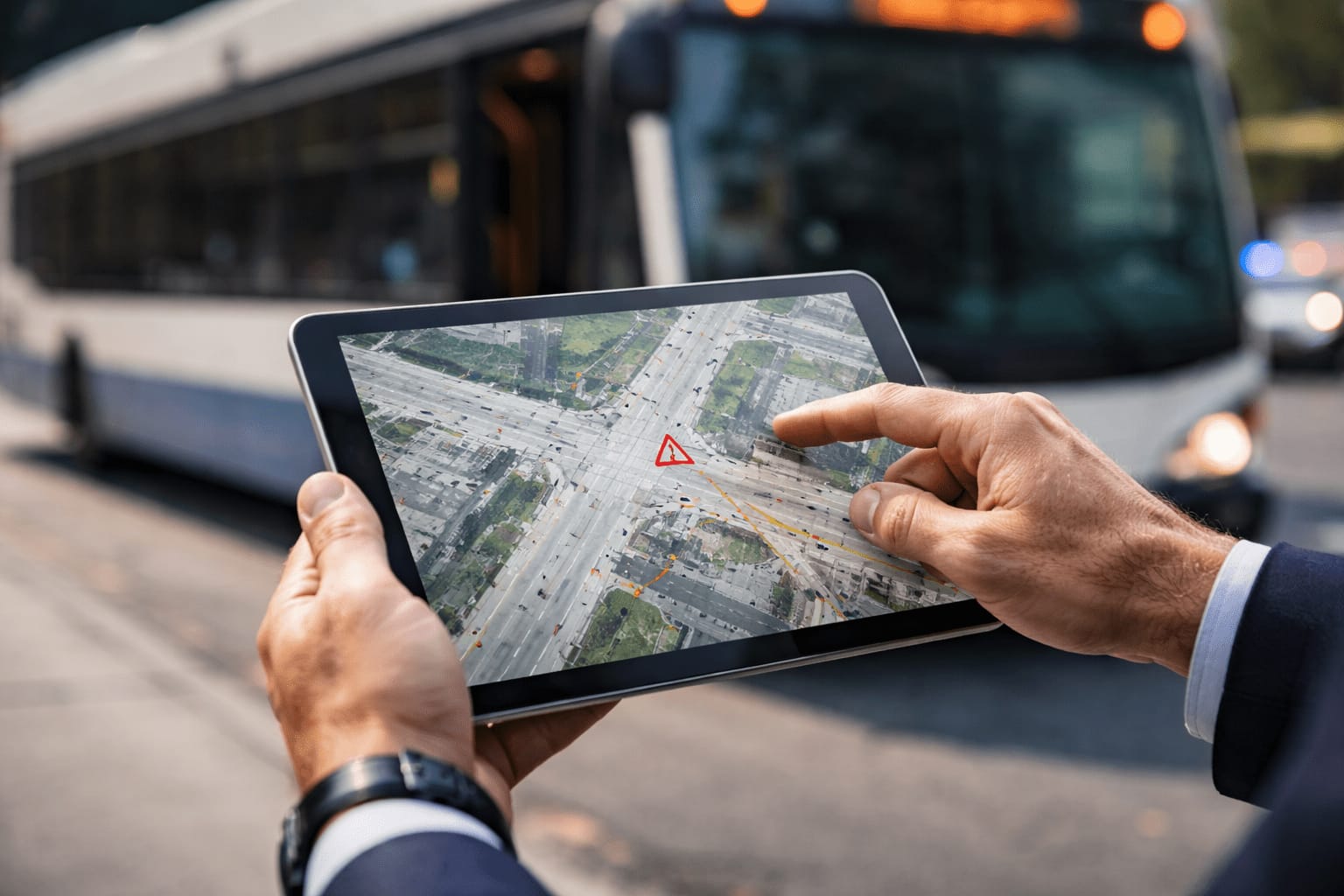 An investigator reviews a traffic collision scene on a tablet