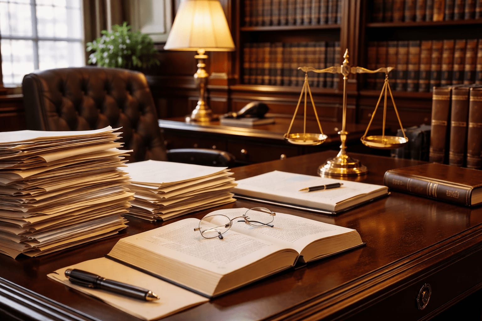 Scales of justice, books, and case files on a desk