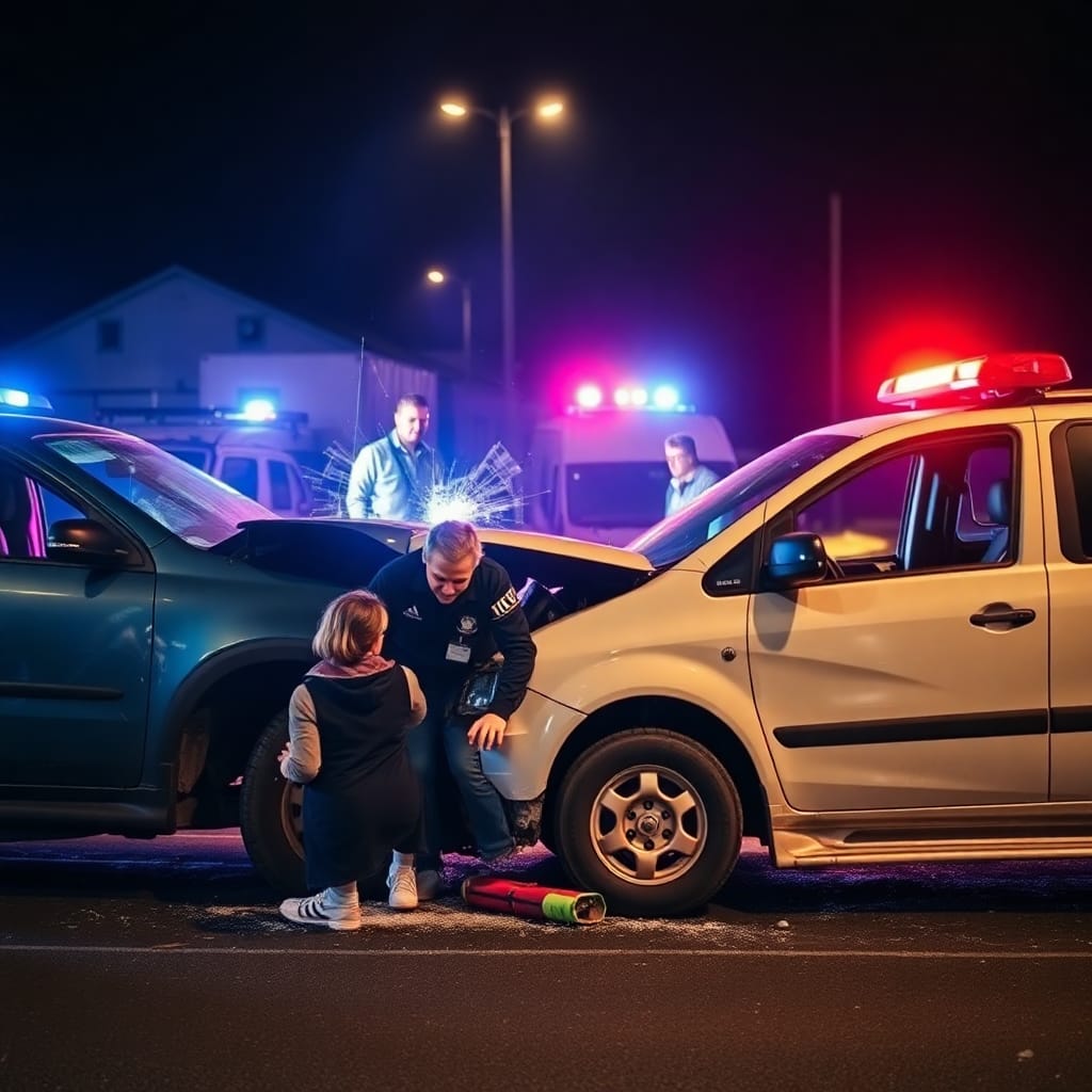 Emergency response at a nighttime car accident