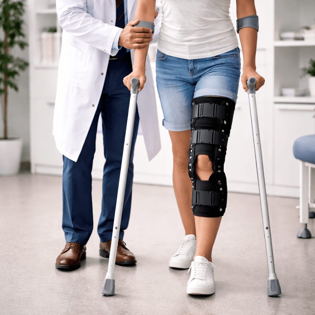 A clinician assists a patient walking with crutches and a leg brace