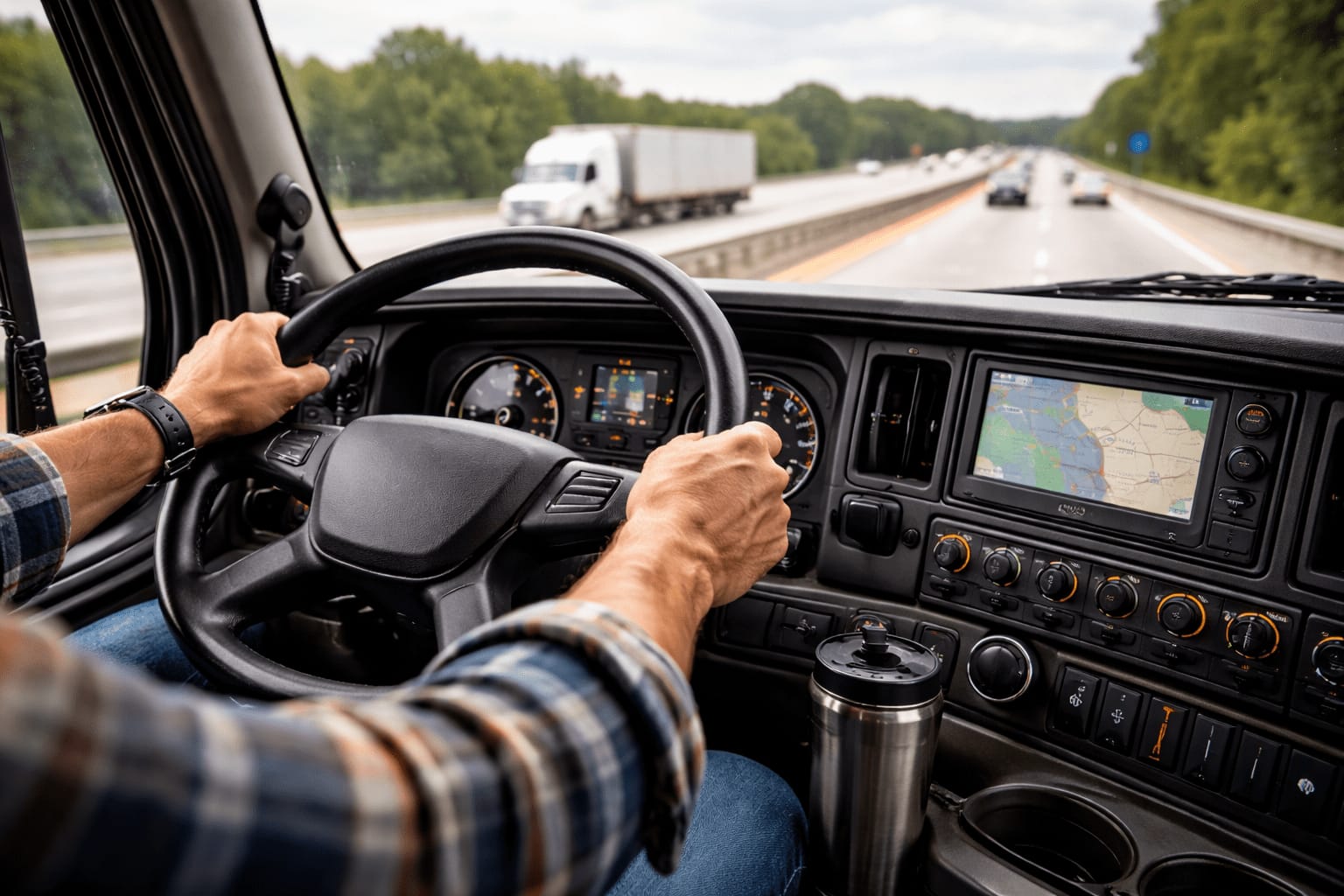 Truck driver holding the steering wheel while driving on a highway