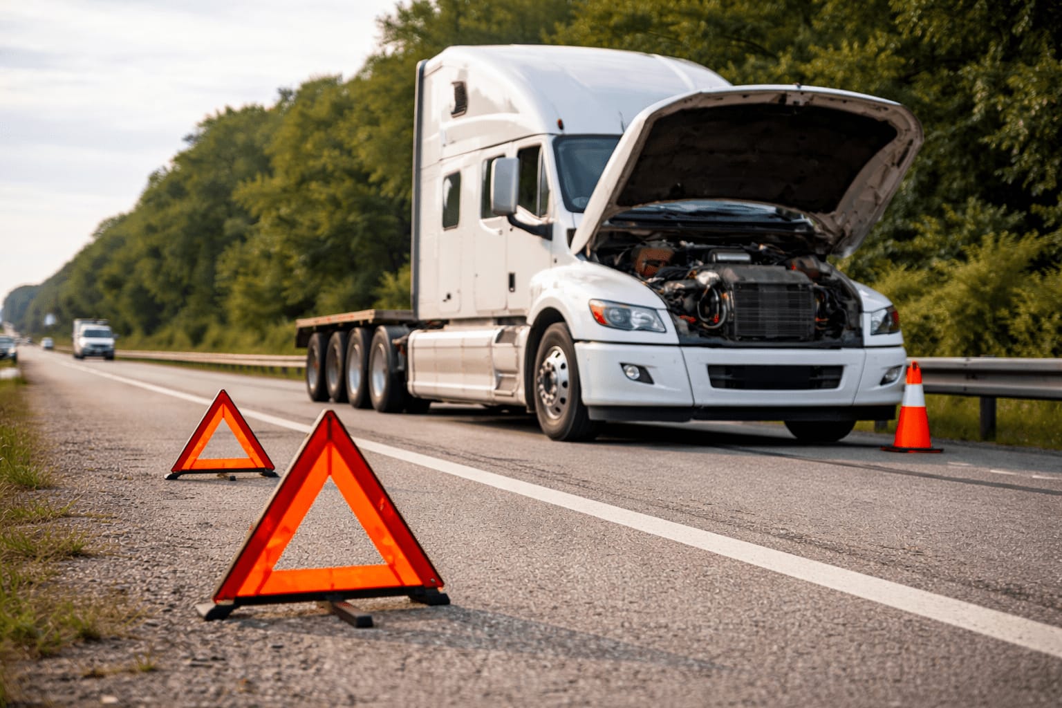 A commercial truck stopped on the roadside with warning triangles