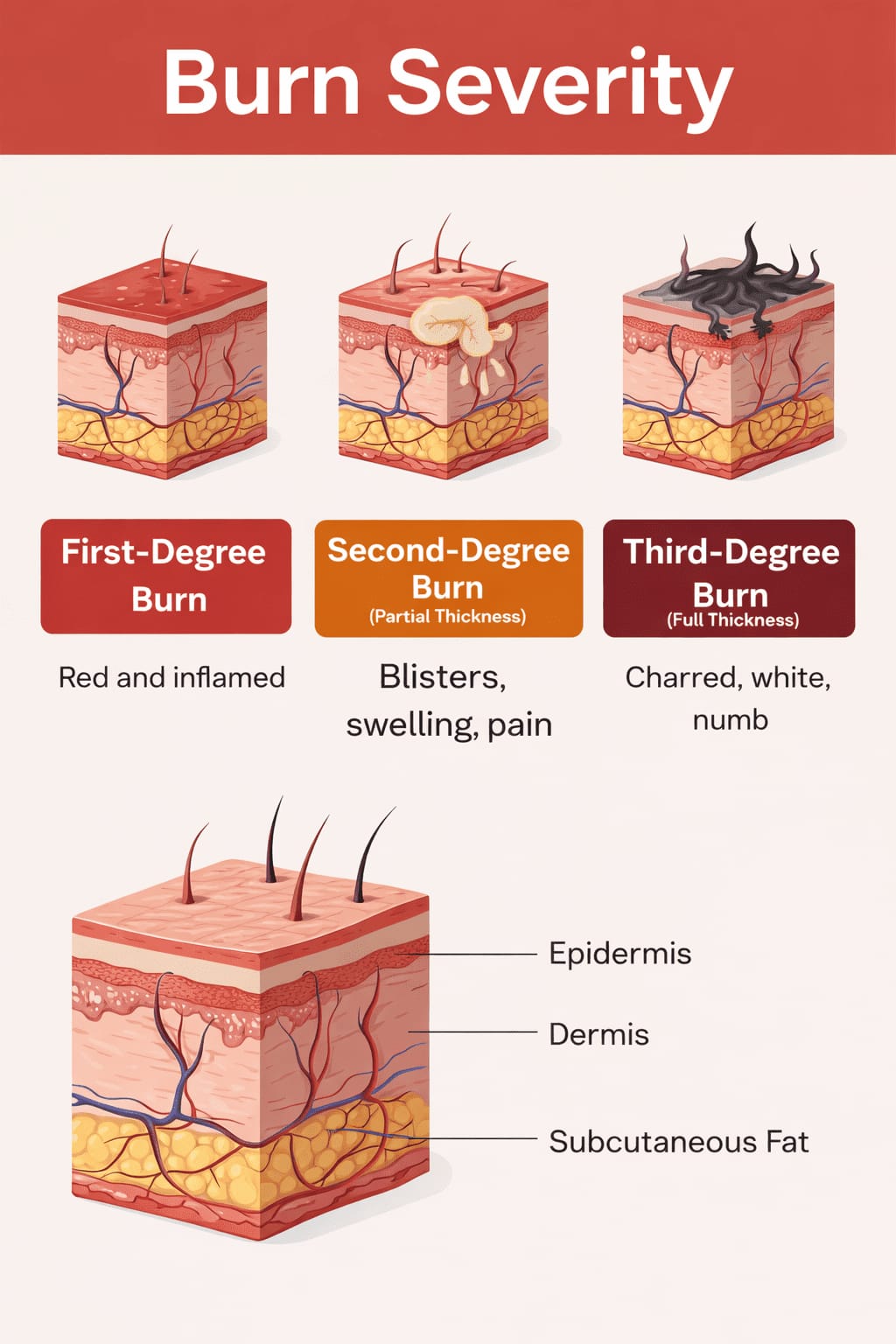 Illustration comparing burn depth and skin layers
