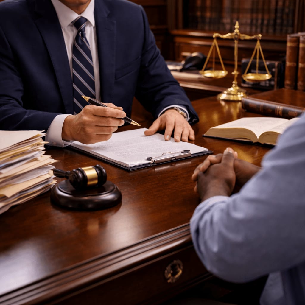 Attorney reviewing legal documents with a client