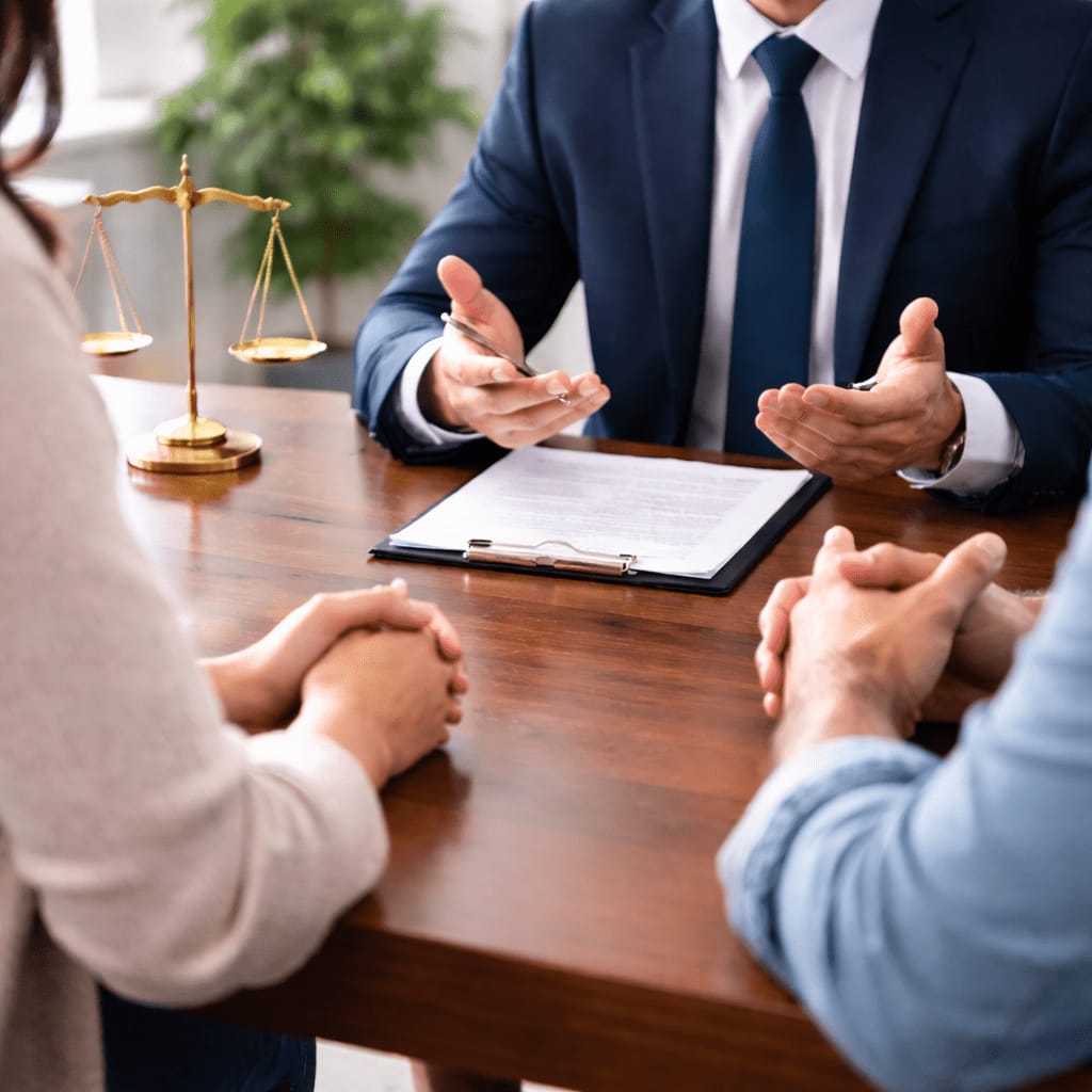 Attorney discussing legal documents with clients
