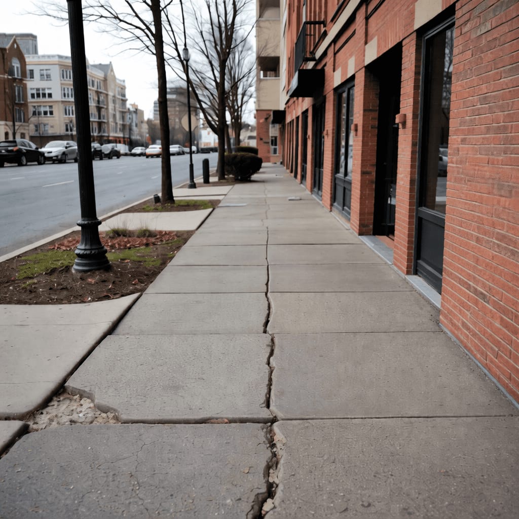 Cracked and uneven sidewalk beside a brick building
