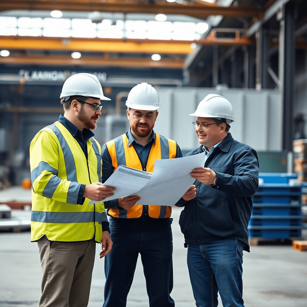 Engineering team reviewing plans in an industrial facility