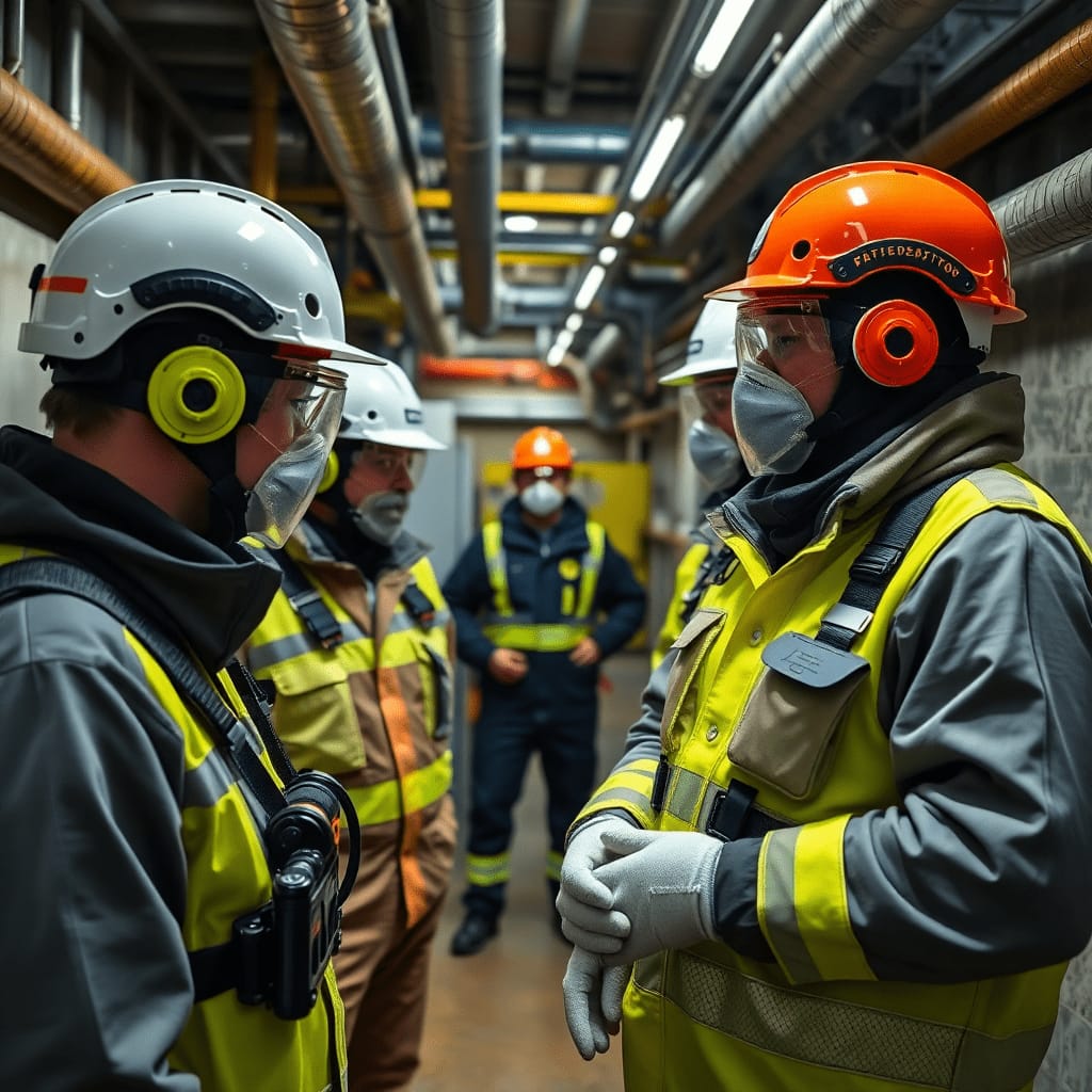 Inspection team wearing protective gear in an industrial facility