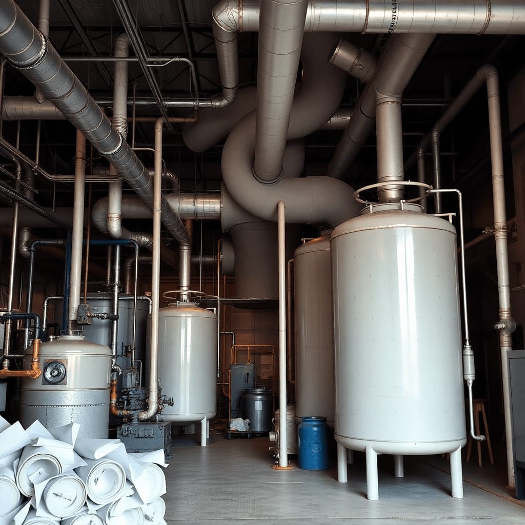 Process tanks and pipework inside an industrial facility