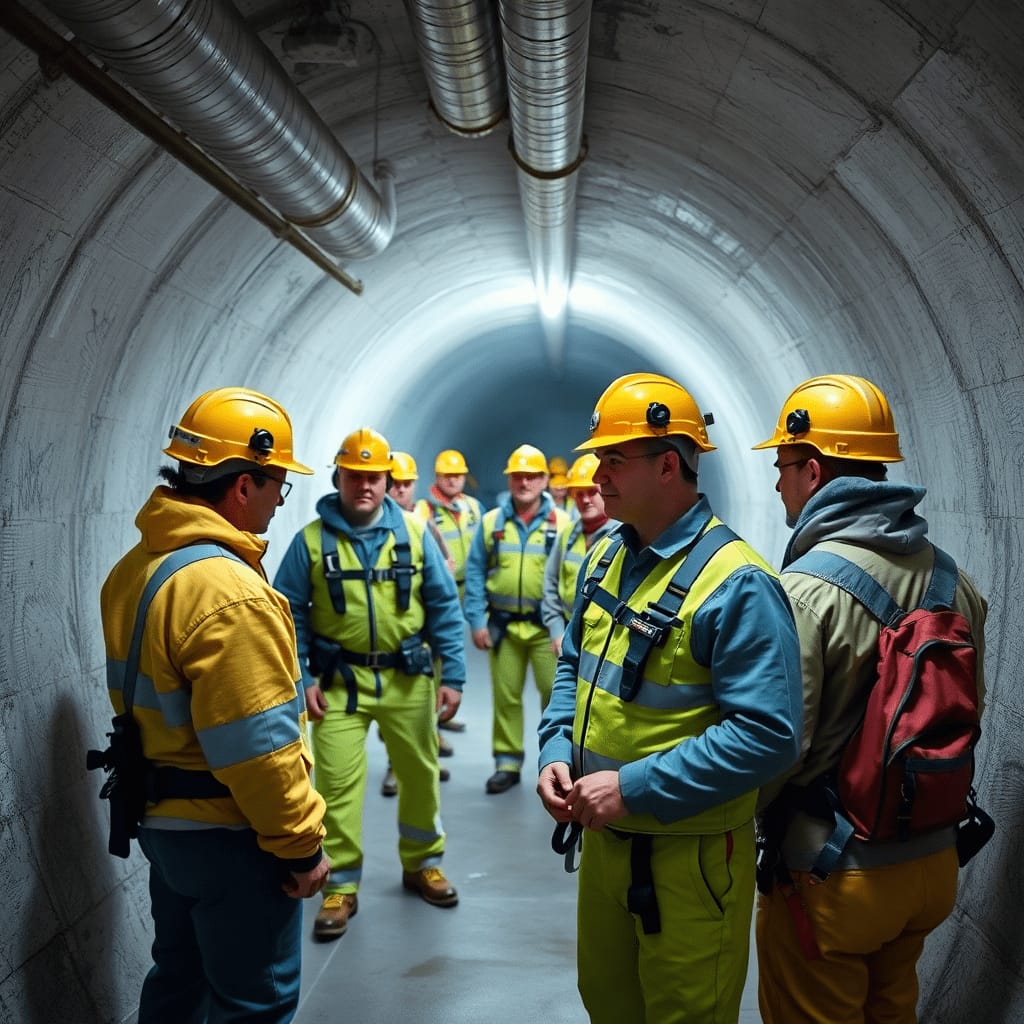 Workers in protective equipment meeting inside a concrete tunnel