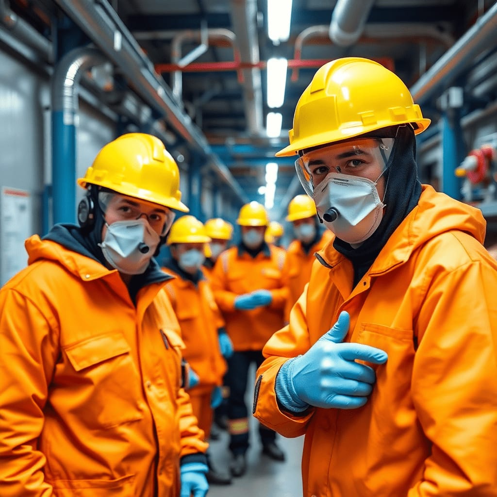 Chemical facility workers wearing protective gear and respirators