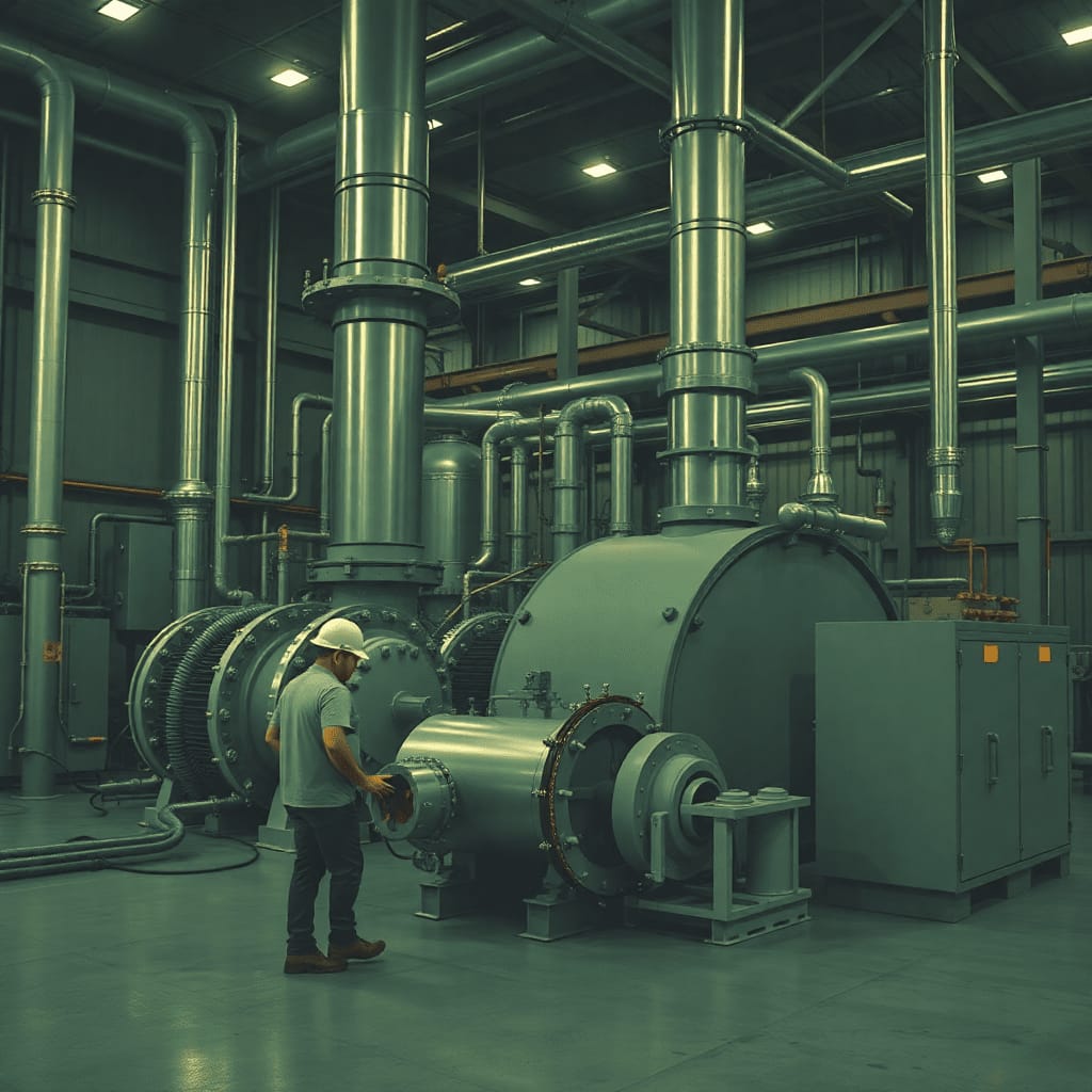 Worker beside power-generation equipment in an industrial facility
