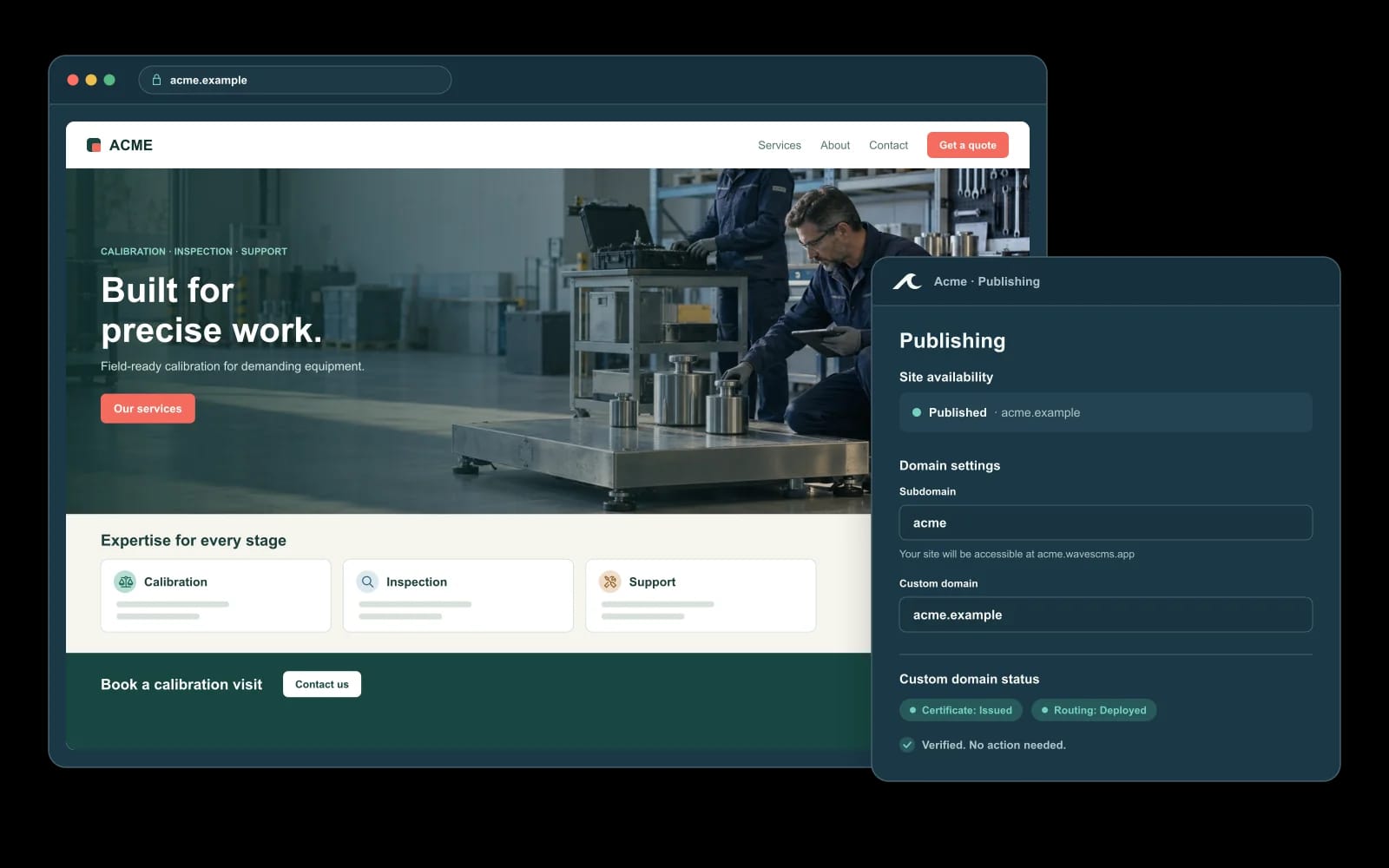 Illustrative published site with Waves custom domain settings