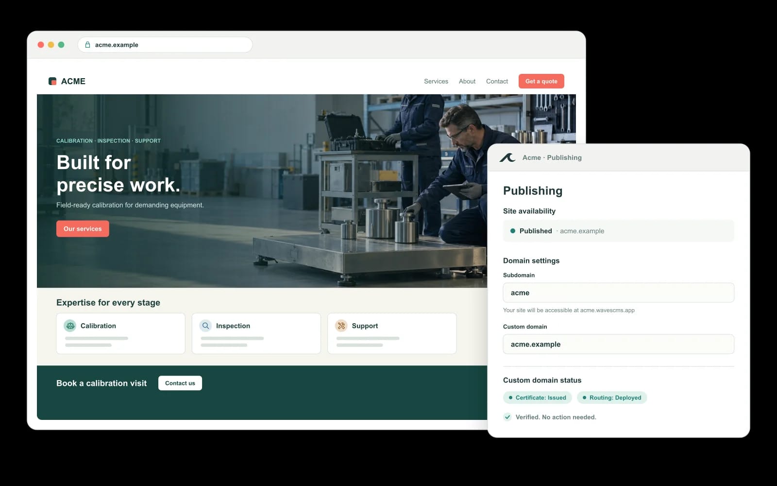 Illustrative published site with Waves custom domain settings