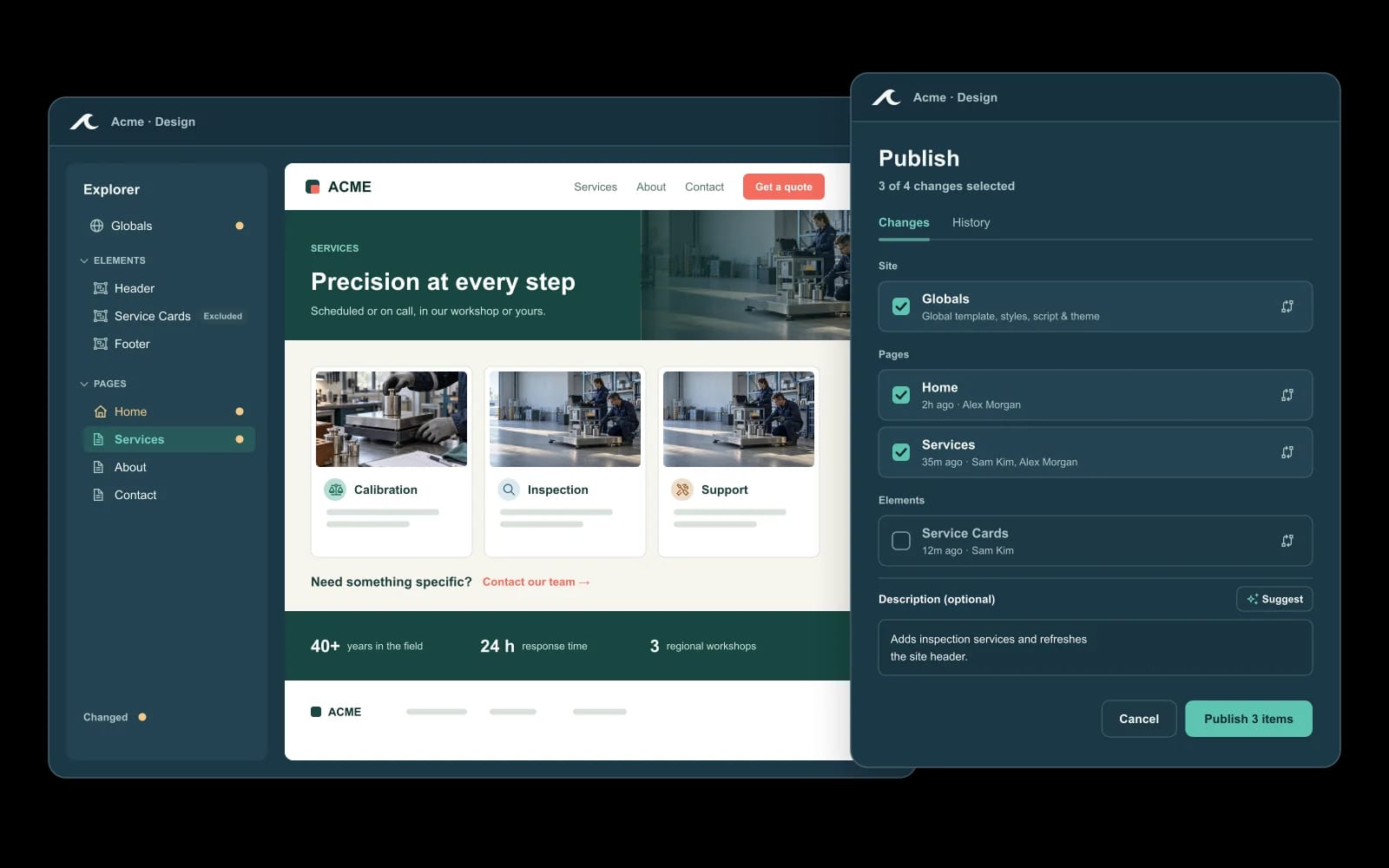 Web design software interface showing service page editor and publish dialog.