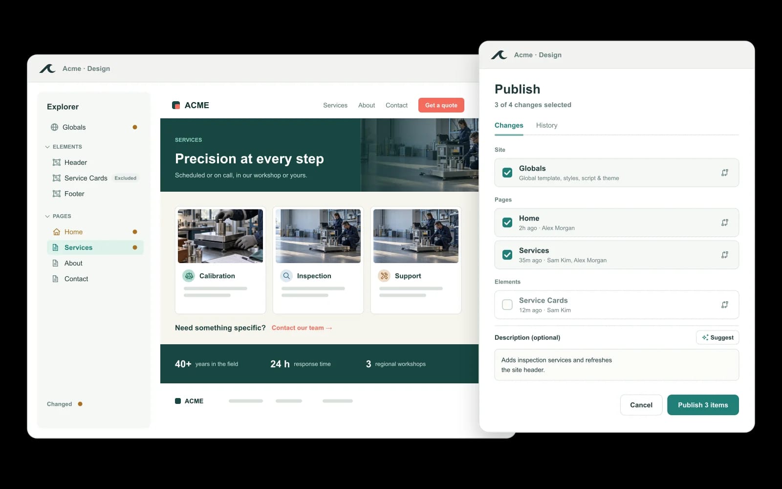User interface of a website showing service management options and publishing controls.